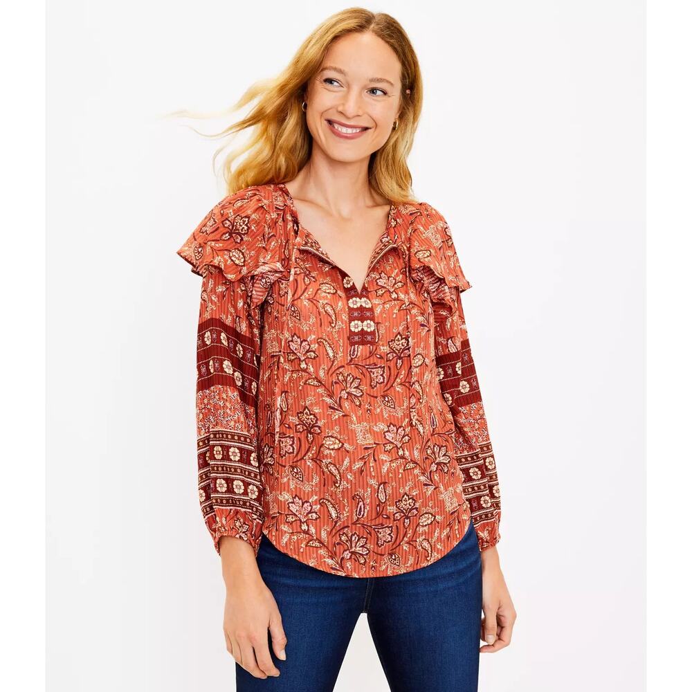 LOFT Bouquet Ruffle Tie Neck Blouse Auburn Size Large